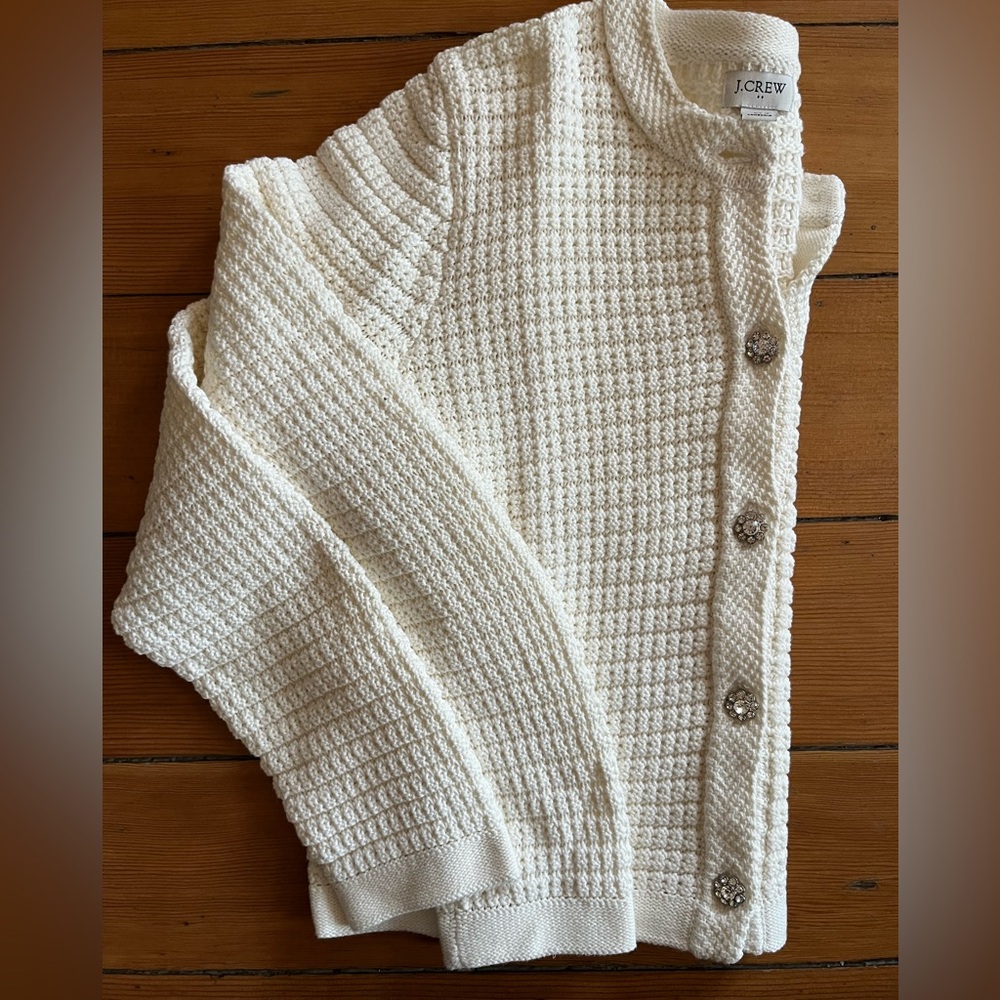 J.Crew White Knit Sweater with Rhinestone Buttons